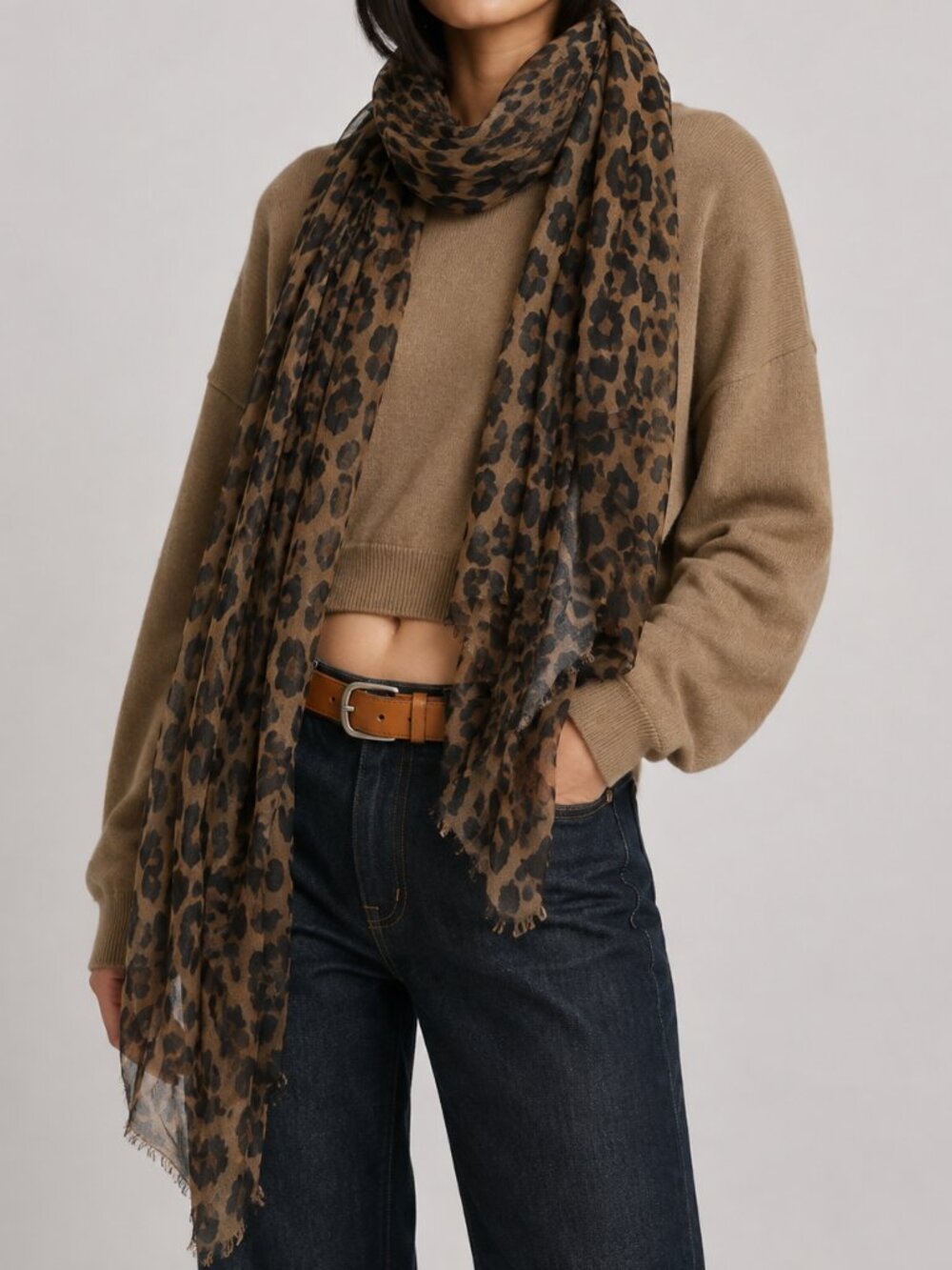 Lightweight Leopard Print Scarf - Tan & Black